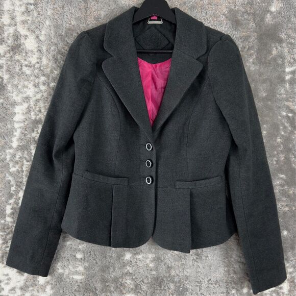 JouJou Womens Size M Wool Notched Blazer Jacket Gray Long Sleeve Pink Lined - Picture 1 of 10